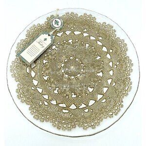 Turkish Glass Entrée Plates Hand Painted Gold Lace Set of 4 NWT Clear Glass NWT
